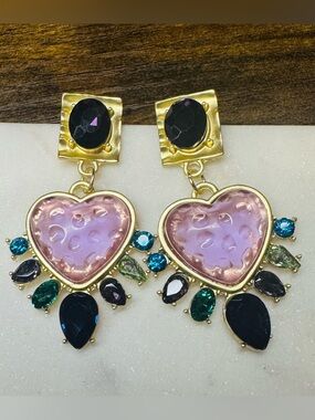 CHNNEL Inspired Pink Heart Statement Drop Earrings Gold Tone Rhinestone